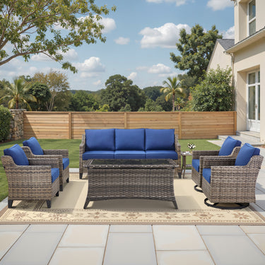 Belord 7-piece patio conversation set with sofa, swivel chairs, coffee table, and side table for outdoor lounging.