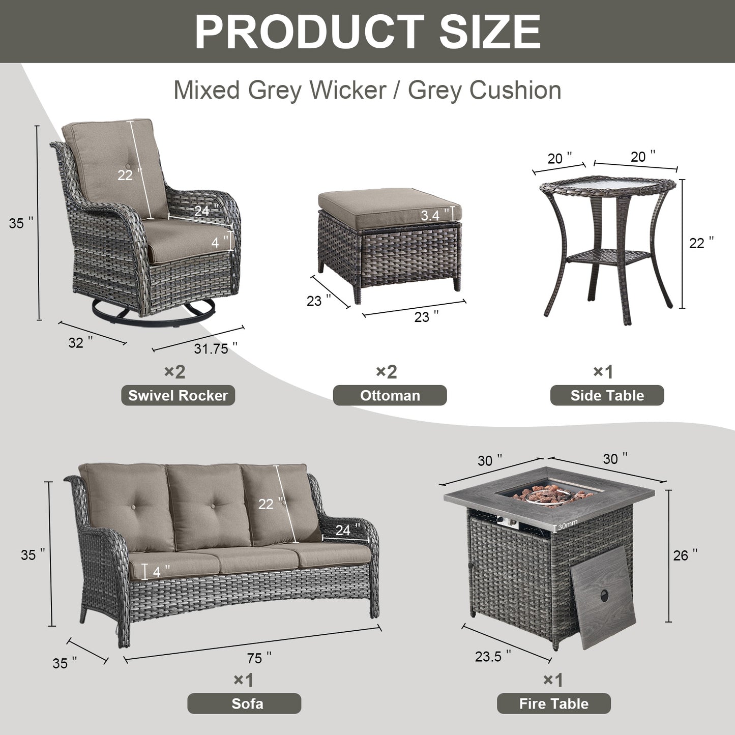 Patio Conversation Set 7-Piece with Fire Pit Table, Swivel Glider Chairs, Patio Chairs, Sofa and Side Table, NTC Series
