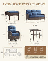Belord 6-piece patio lounge set with sofa, swivel rockers, ottomans, and deep cushions for outdoor relaxation.