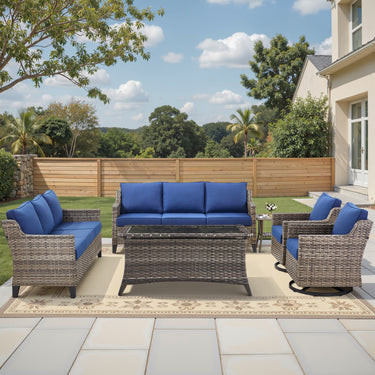 Belord 6-piece outdoor patio furniture set with wicker sofas, swivel chairs, coffee table, and side table for outdoor seating.