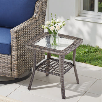 Belord outdoor wicker side table from the FG Series with all-weather PE rattan, featuring a stylish round design for outdoor spaces.