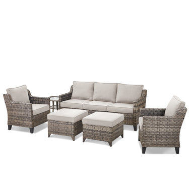 Belord 6-piece wicker patio conversation set with sofa, 2 chairs, 2 ottomans, and side table, perfect for outdoor lounging.