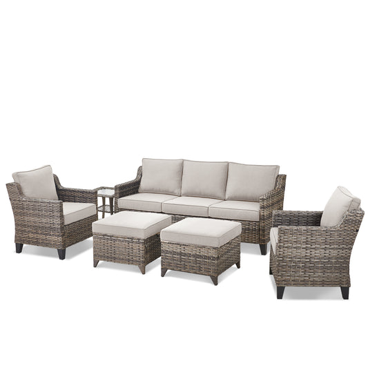 PE Wicker Conversation Sofa Set (6-Piece) — Fully Cushioned Sofa, 2 Chairs & 2 Ottomans with Side Table, FG Series