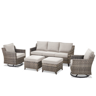 Belord 5-piece outdoor patio furniture set with all-weather wicker, includes swivel chairs and a glass-top table, perfect for outdoor lounging.