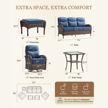 Belord 6-piece wicker swivel glider patio lounge set with sofa table, featuring comfortable cushions and woven wicker design.