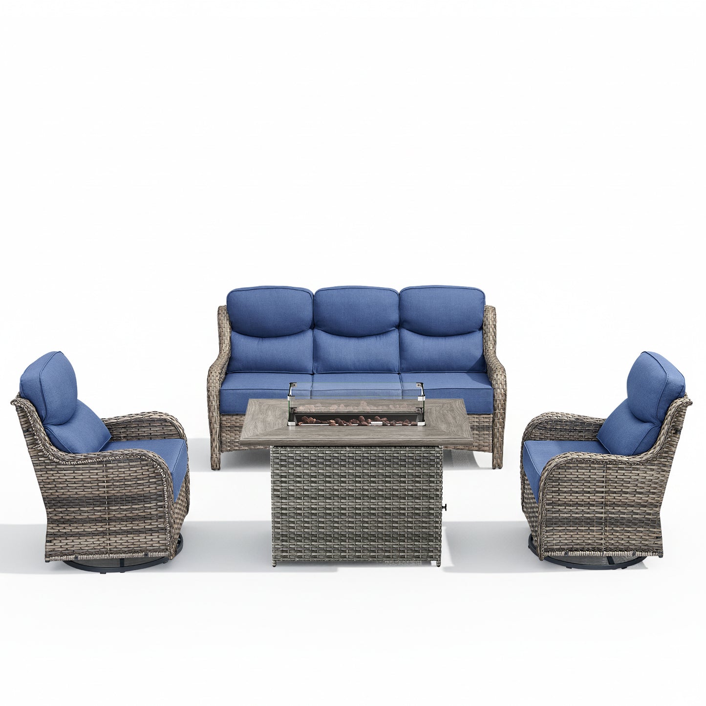 4PCS Outdoor Patio Fire Pit Set for Garden Parties, Rattan Sofa & Swivel Chairs with Rectangular Fire Table and Wind Glass, NT Series