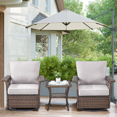 Set of three Belord wicker patio swivel glider chairs with side table, SS Series, featuring woven wicker design and comfortable cushions.