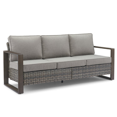 Belord deep-seat wicker patio sofa with wood grain frame, spacious 3-person design from the HOP Series, perfect for outdoor lounging.