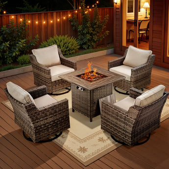 Belord FG Series 5-piece patio fire table set with four swivel chairs and a fire pit table, ideal for outdoor entertaining.