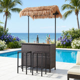 Belord 3-piece outdoor tiki bar set with canopy, wicker table, bar stools, wine rack, and storage for patio entertaining.