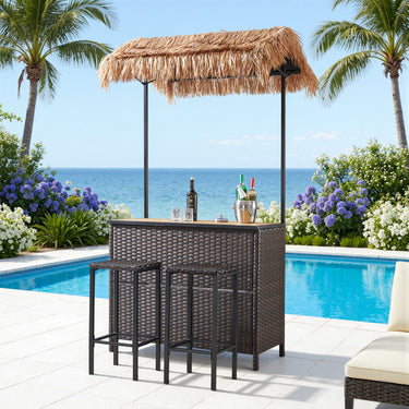Belord 3-piece outdoor tiki bar set with canopy, wicker table, bar stools, wine rack, and storage for patio entertaining.