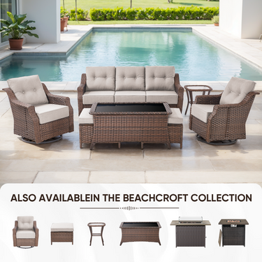 Belord 8-piece wicker swivel glider patio set with two sofas and chairs from the OVOLO Series, ideal for outdoor conversation.