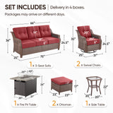 Belord 7-piece wicker swivel glider sofa and fire pit table set from the OVOLO Series, outdoor patio fire table set with cushions and fire pit