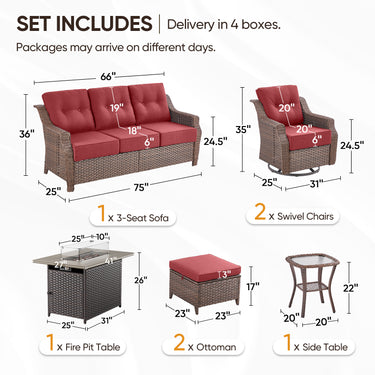 Belord 7-piece wicker swivel glider sofa and fire pit table set from the OVOLO Series, outdoor patio fire table set with cushions and fire pit
