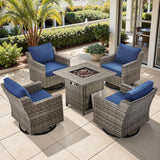Belord 5-piece patio fire table set with four swivel chairs and fire pit table for outdoor entertaining and relaxation.