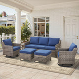 Belord 6-piece patio conversation set with sofa, 2 swivel chairs, 2 ottomans, and glass table for outdoor seating.