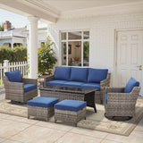 Belord 7-piece patio conversation set with sofa, two swivel chairs, coffee table, and two ottomans for outdoor relaxing.