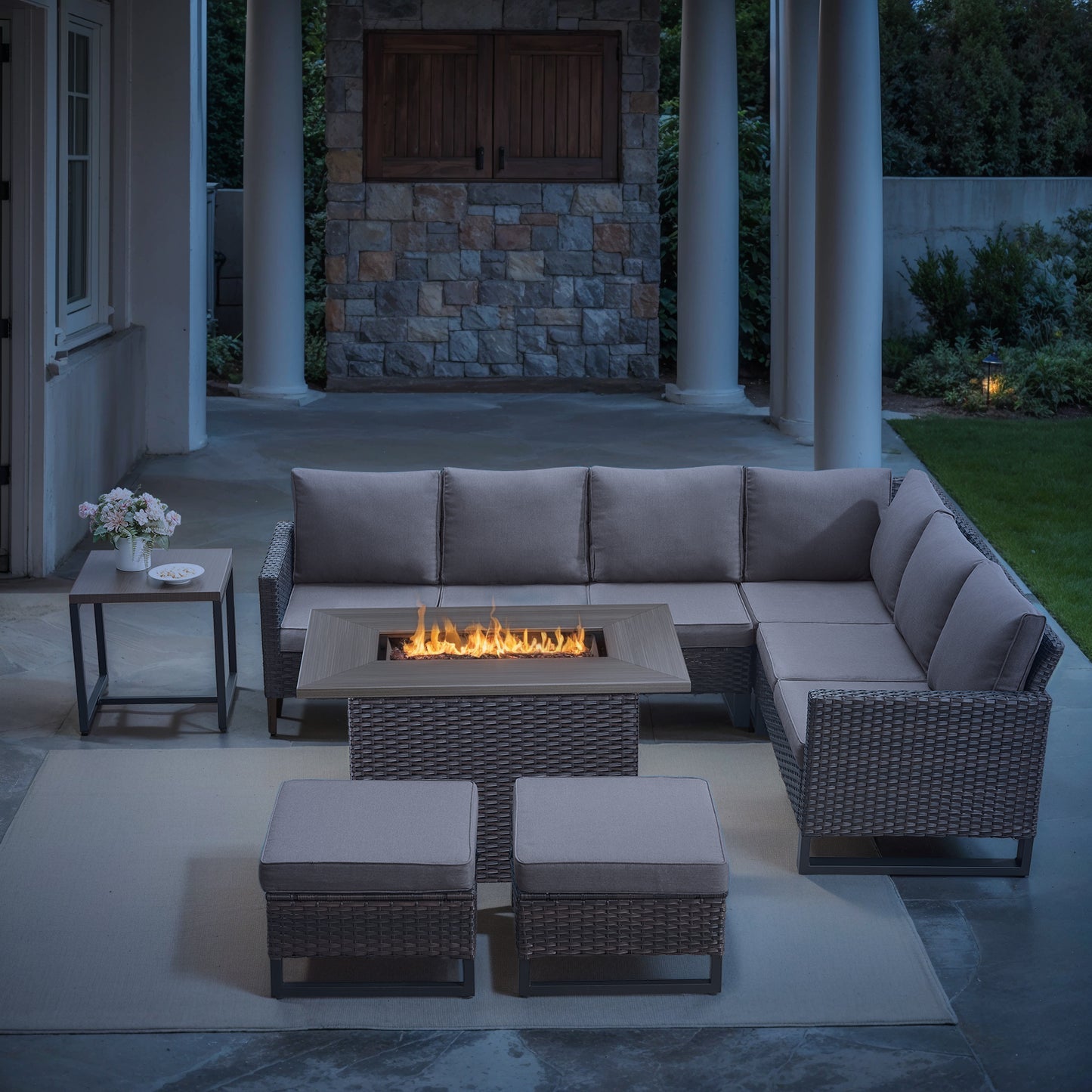 10-Piece Wicker Patio Furniture Set with 41" Fire Pit Table, 55,000 BTU – Outdoor Conversation Set with Corner Sofa, Ottomans & Side Table, GRS Series