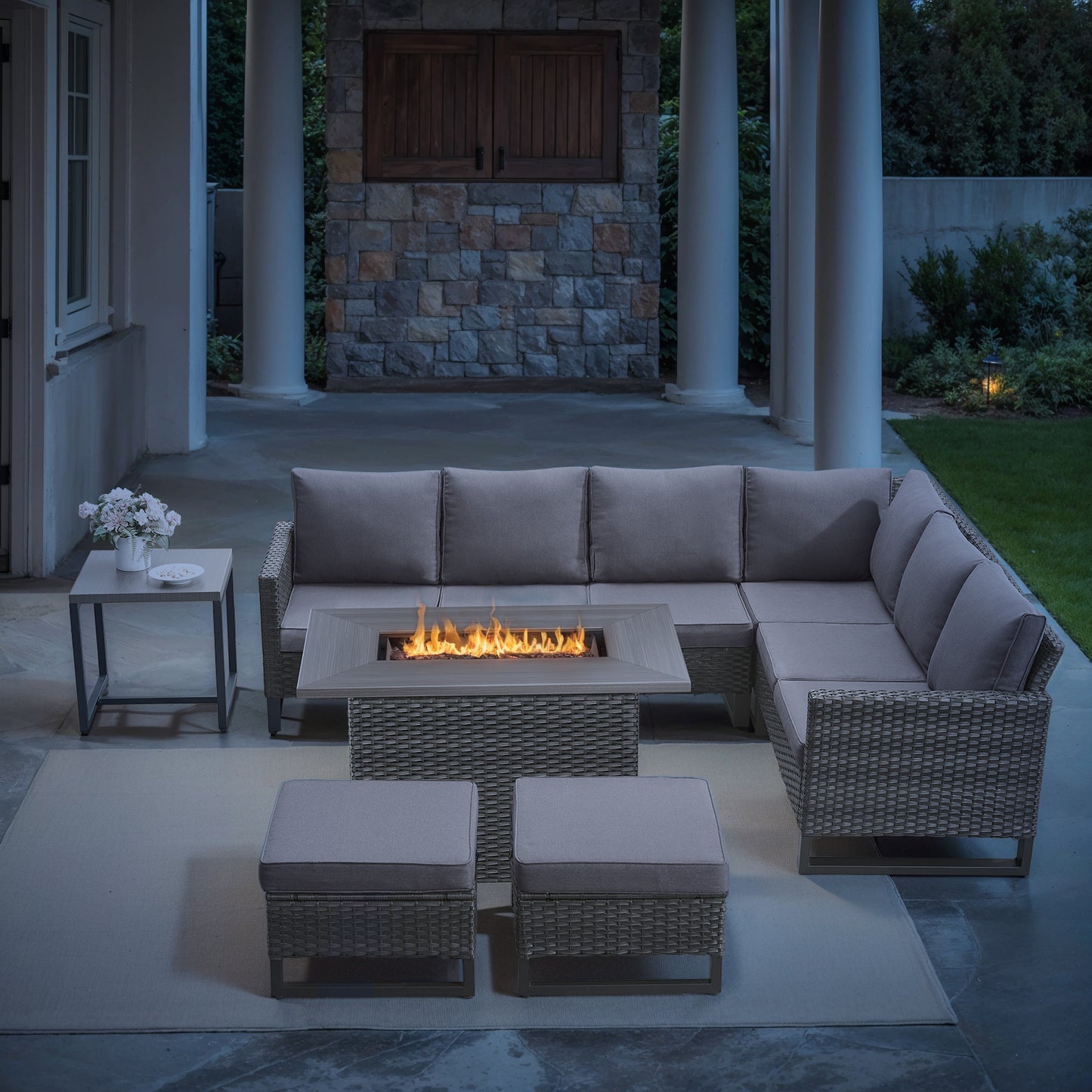 10-Piece Wicker Patio Furniture Set with 41" Fire Pit Table, 55,000 BTU – Outdoor Conversation Set with Corner Sofa, Ottomans & Side Table, GRS Series