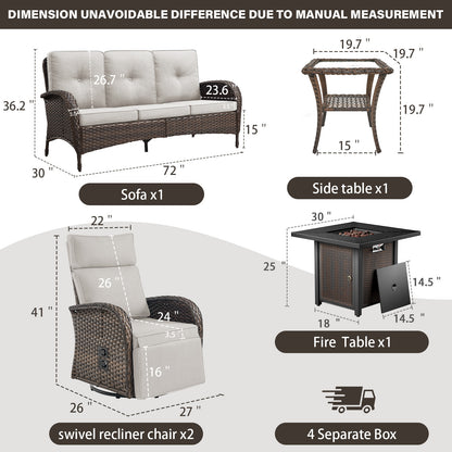 5-Piece Outdoor Set: PE Wicker Swivel Recliners + Sofa & 30" Propane Fire Table - NDS Series