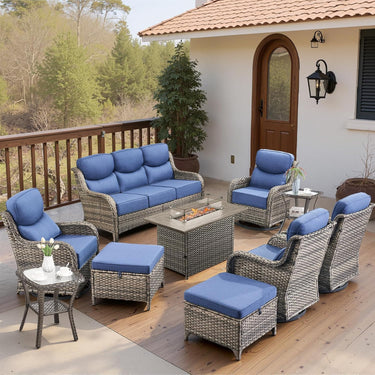 Belord 10-piece patio fire pit set with sofa and swivel chairs, outdoor fire table set for patio gatherings.