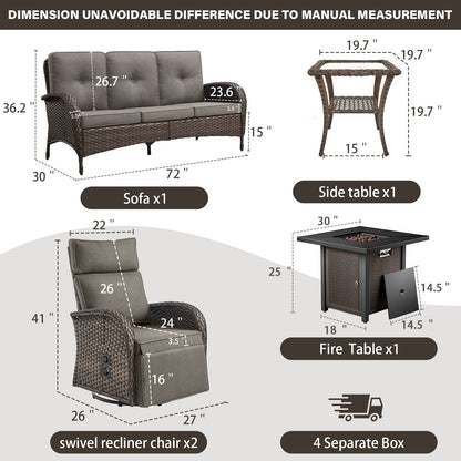 5-Piece Outdoor Set: PE Wicker Swivel Recliners + Sofa & 30" Propane Fire Table - NDS Series