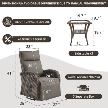 Premium 7-Piece Patio Conversation Set - 4 Swivel Recliners & 3 Side Tables with Dual-Adjust Chaise Lounges, NDS Series - Belord