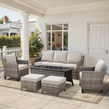 Belord 6-piece outdoor lounge set with hand-woven wicker sofa, patio chairs, coffee table, ottomans, and cushioned seating.