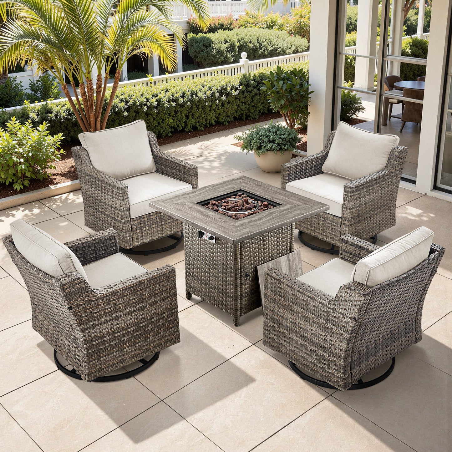 5-Piece Set: 4 Swivel Chairs with Fire Pit Table, FG Series