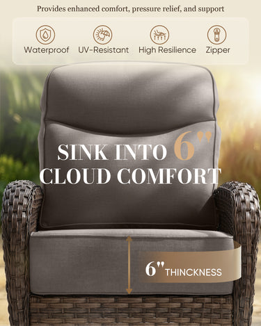 Belord outdoor swivel glider patio chairs with thick cushions and side table in wicker, part of the ND Series patio conversation set.
