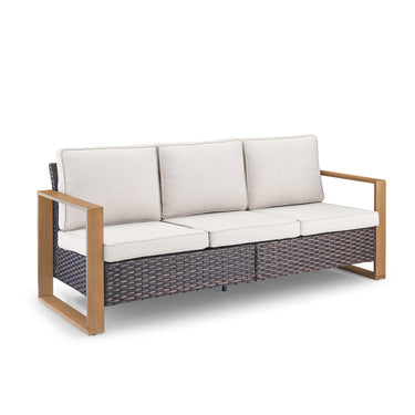 Belord deep-seat wicker patio sofa with wood grain frame, spacious 3-person outdoor conversation set from the HOP Series.