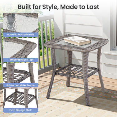 Belord outdoor wicker side table made with all-weather PE rattan, part of the FG series, featuring a compact, stylish design.