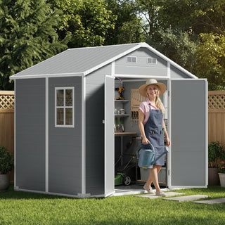 Belord 8x6 ft outdoor resin storage shed with window, lockable door, and built-in floor for secure outdoor storage.