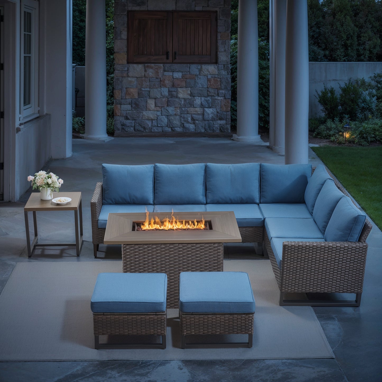 10-Piece Wicker Patio Furniture Set with 41" Fire Pit Table, 55,000 BTU – Outdoor Conversation Set with Corner Sofa, Ottomans & Side Table, GRS Series