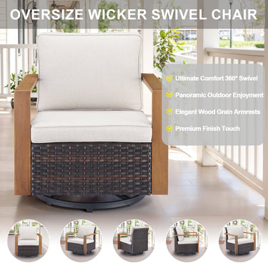 Belord oversize wicker swivel rocker chair with water-resistant cushion, 360° swivel and gliding in patio conversation set.