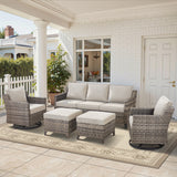 Belord 5-piece outdoor patio furniture set with all-weather wicker and swivel chairs, designed for comfortable outdoor conversation.
