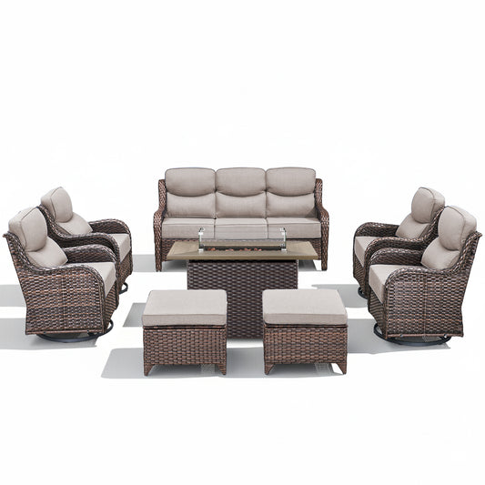 All-Weather Backyard 8PCS Sofa Set with Fire Pit Table – High Back & 6" Cushions, NT Series