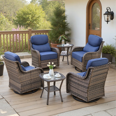 Belord 6-piece swivel glider patio conversation set with side tables, featuring cushioned chairs and a modern outdoor design.