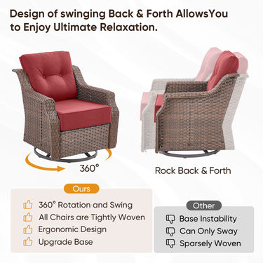 Belord 3-piece outdoor wicker swivel glider chair and side table patio set from the Ovolo Series, ideal for outdoor conversation.