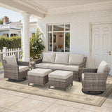 Belord 6-piece patio conversation set with sofa, two swivel chairs, two ottomans, and glass table for outdoor lounging.