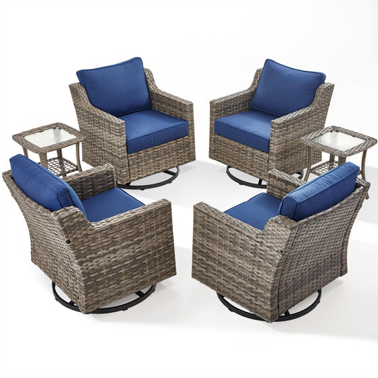 6-Piece Set: Swivel Rocker Chairs (Set of 4) & 2 Side Tables — All-Weather PE Rattan for Patio & Deck, FG Series