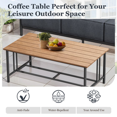 Belord outdoor coffee table from the BINGLI series with polywood slats and drainage gaps, designed for outdoor patio use.