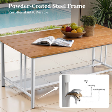 Belord outdoor coffee table from the BINGLI series with polywood slats and drainage gaps, designed for outdoor use.