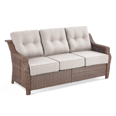 Belord Outdoor Wicker 3-seat patio sofa with plush 6-inch cushions from the OVOLO Series, perfect for outdoor conversation areas.