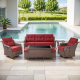 Belord 7-piece wicker swivel glider patio conversation set with coffee table from the OVOL Series, featuring cushioned seats and stylish design.