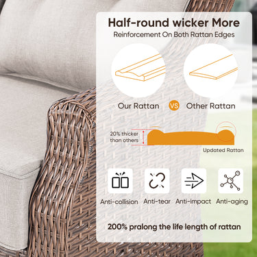 Belord 3-piece outdoor wicker swivel glider patio set with side table, part of the OVOLO Series, featuring comfortable woven seats.