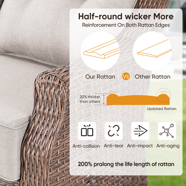 Belord 6-piece wicker swivel glider patio set with sofa and ottoman from the OVolo Series, featuring cushioned seating and outdoor durability.