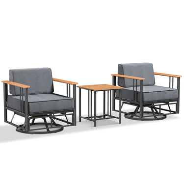 Belord Swivel Rocker patio set with two chairs and side table from the BINGLI Series, showcasing comfortable outdoor seating.