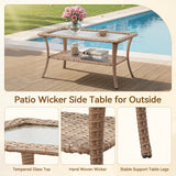 Belord outdoor wicker coffee table with glass top and storage shelf, part of the NTC series patio conversation sets.