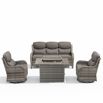 4PCS Outdoor Patio Fire Pit Set for Garden Parties, Rattan Sofa & Swivel Chairs with Rectangular Fire Table and Wind Glass, NT Series